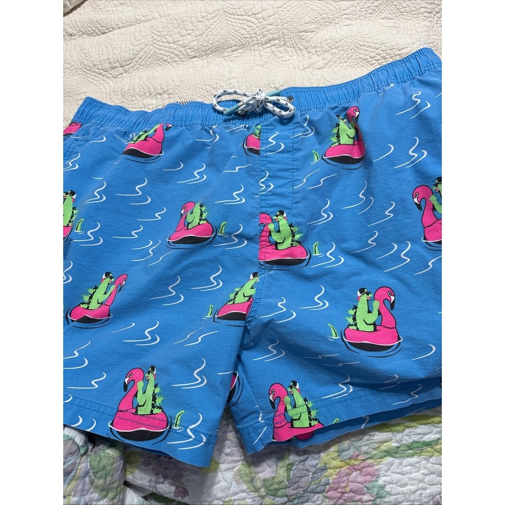 Party Pants Blue Swim Trunks 2X XXL Green Dino Pink Flamingo Float Print Elastic